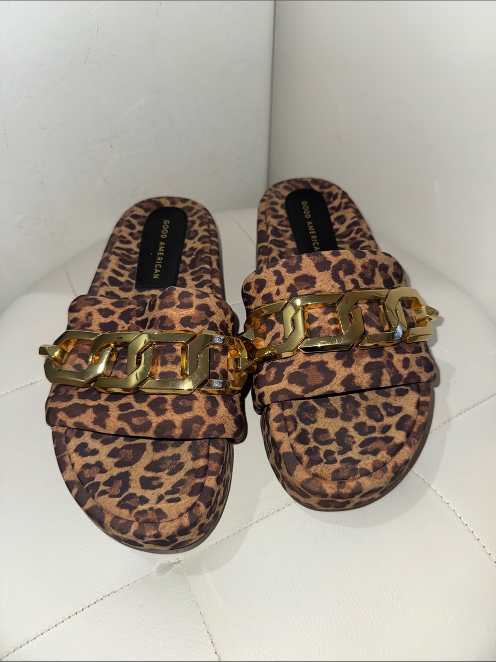 Good American Leopard Print Slide Sandals with Gold Chain